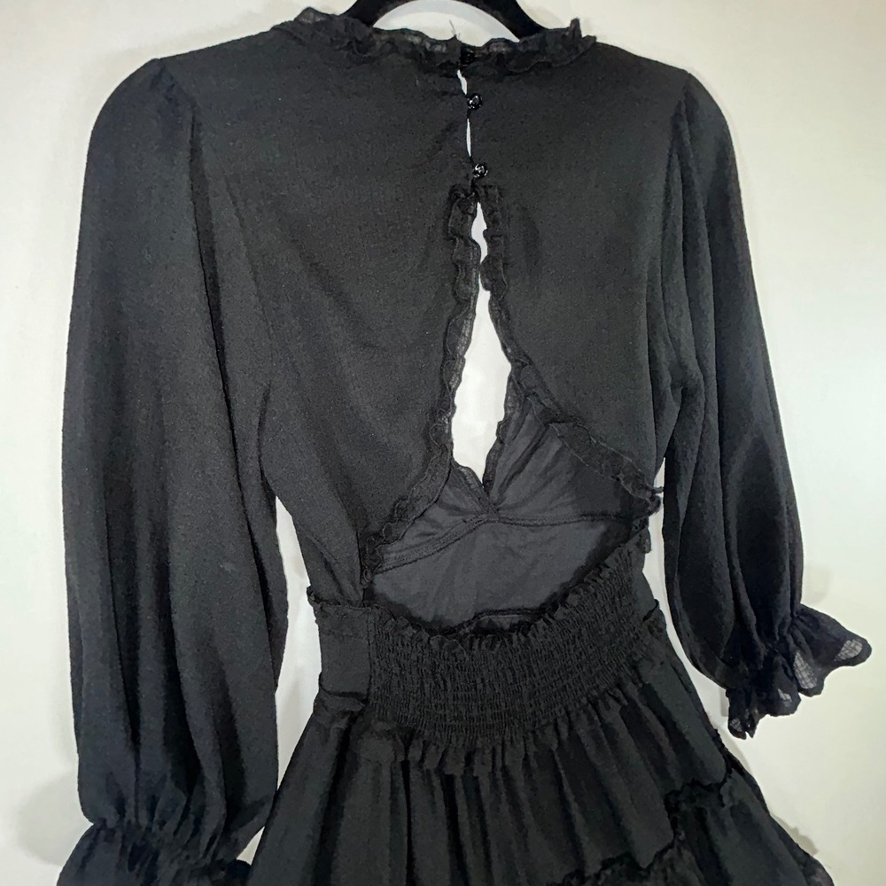 Favlux Black Ruffle Mini Dress Romantic Goth Coquette Open Back Long Sleeve - Picture 4 of 10